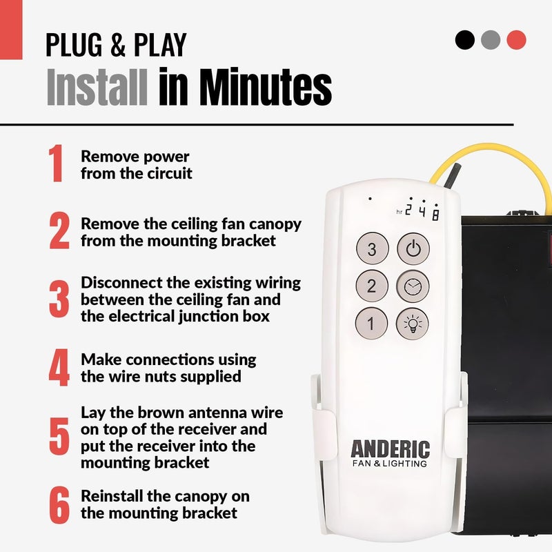 Anderic Ceiling Fan Remote Control Kit Universal for 3-Speed Fans with Fan Timer and Light Control 3-Speeds, Compact Receiver 63T-AC83T-KIT - Image 4